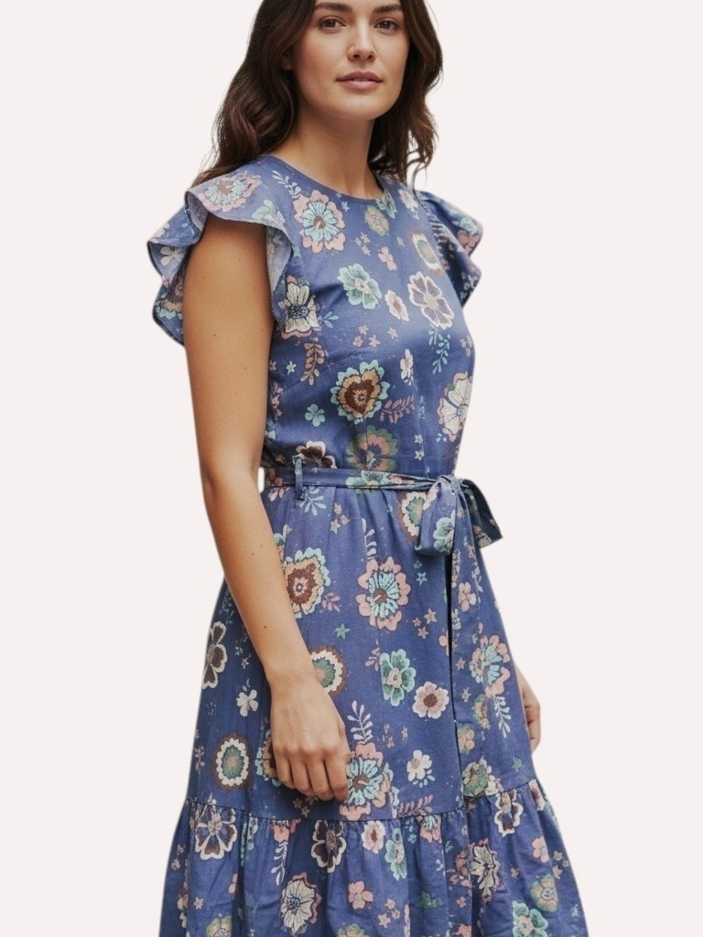 Marine Layer Laney Mini Dress M Marlin Hibiscus Floral Flutter Sleeves Coquette